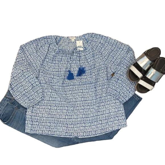 NWT J. Crew Blue and White Raglan Cotton Tassel Tie Boho Top  - SIZE MEDIUM - Picture 1 of 10